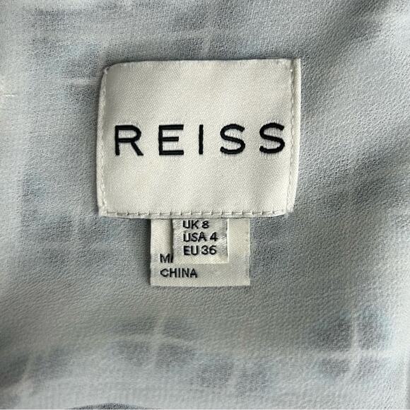 Reiss Giselle Watercolor Three-Quarter Sleeve Blue Geo Print Silk Dress Size 4 - Picture 6 of 15